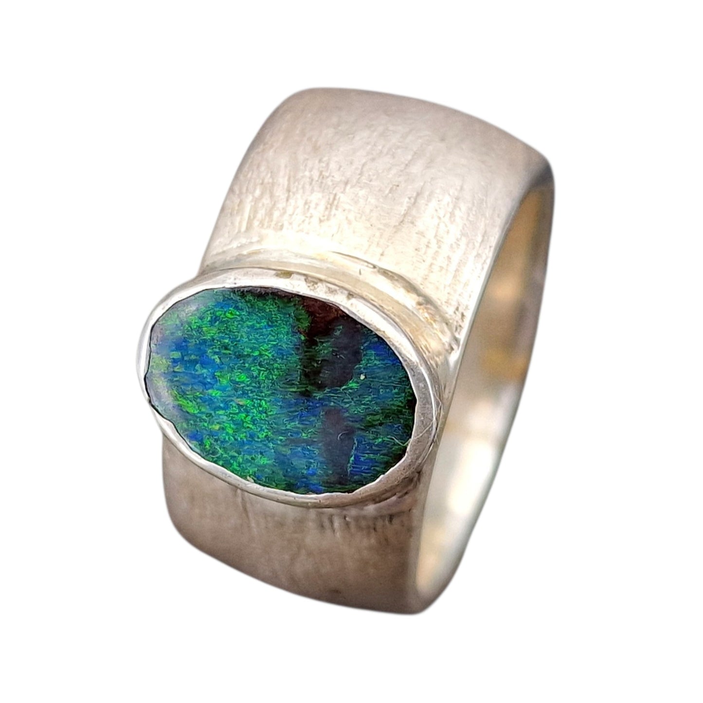 LeoLars-PABE Massiver Design Boulder Opal Ring aus 925er Silber, fein schraffierte Oberfläche, Opal-grünes Opalfeuer Pinfire, Größe: 56 (18), Unikat, Handarbeit