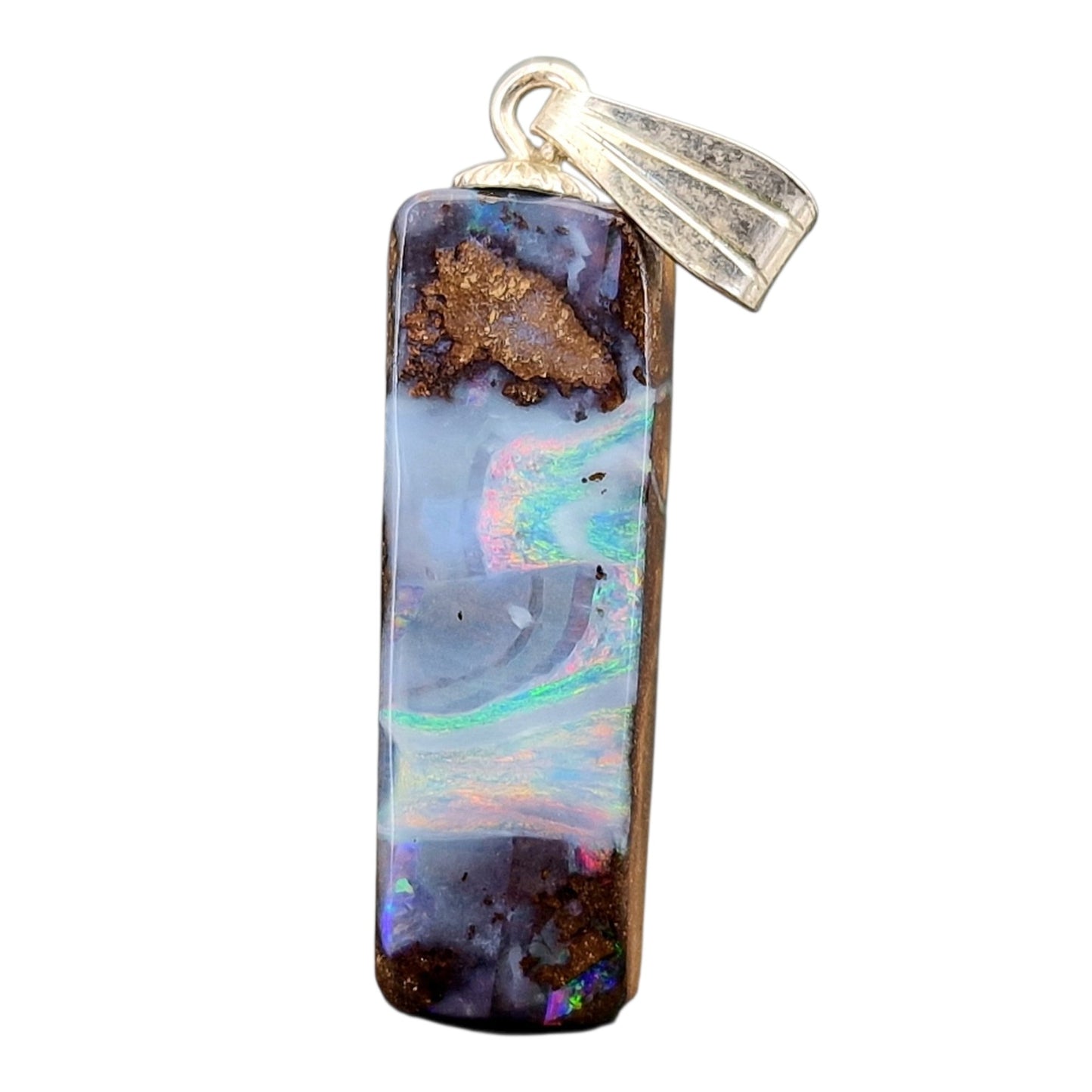 LeoLars-PABE Boulder Opal Picture Stone Anhänger mit 925er Silber Stiftöse, Nebel mit mehrfarbigem pastellfarbenem Opalfeuer, Anhängermaße: 26,2mm x 7,9mm x 5,1mm, Unikat, Handgeschliffen