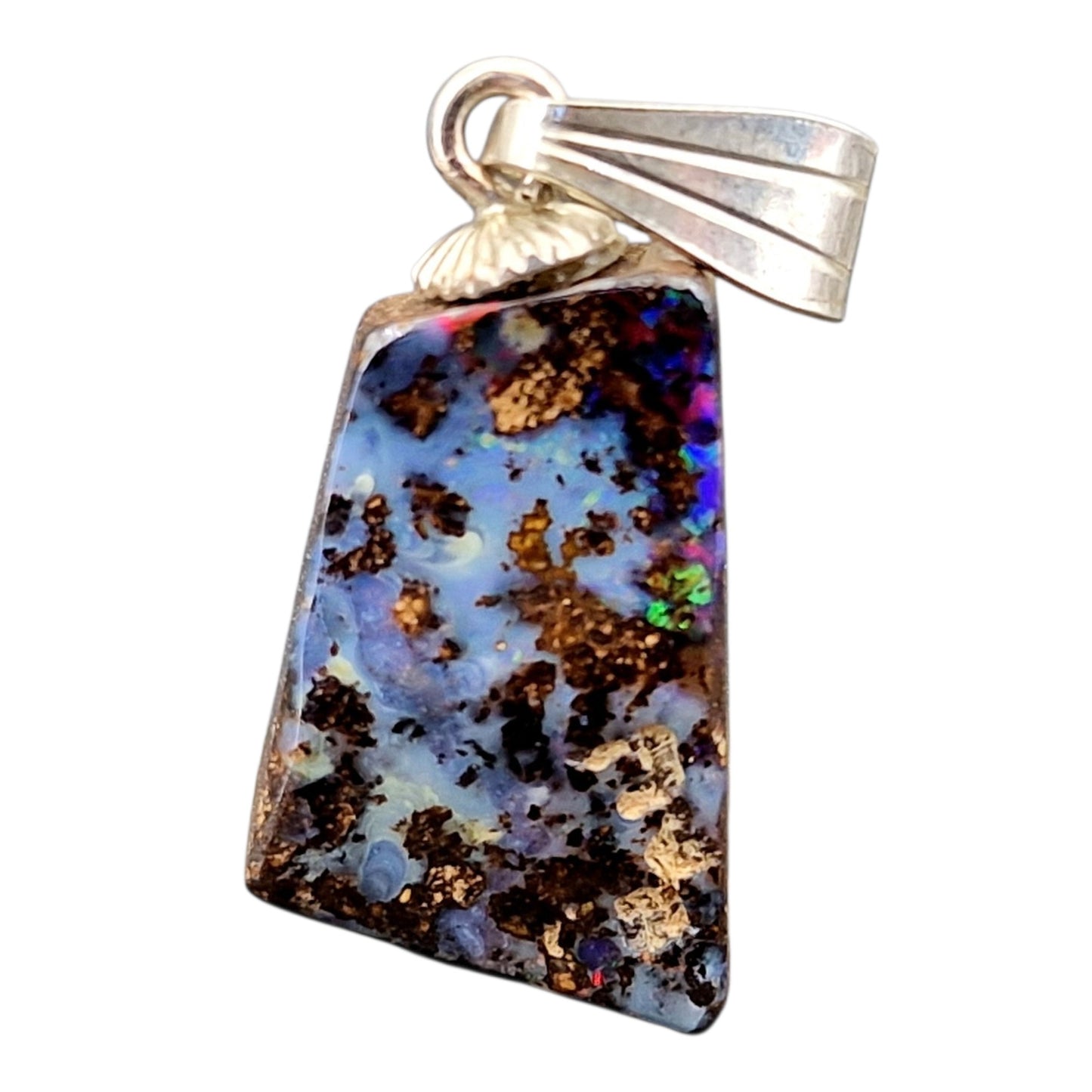 LeoLars-PABE Boulder Opal Anhänger mit tollem Muster und 925er Silber Stiftöse, partiell intensives Opalfeuer in blau, grün und rot, Anhängermaße: 19mm x 9,9mm x 6,4mm, Unikat, Handgeschliffen