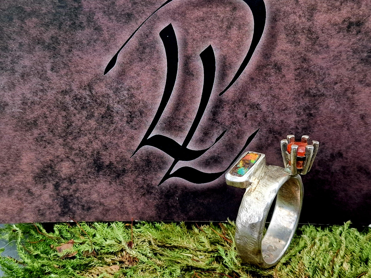 LeoLars-PABE Boulder und Feueropal Design Ring aus 925er Silber, Gr.57, geschmiedetes Design, Unikat, Handarbeit