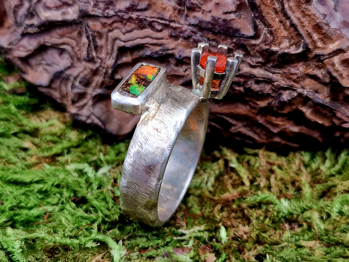 LeoLars-PABE Boulder und Feueropal Design Ring aus 925er Silber, Gr.57, geschmiedetes Design, Unikat, Handarbeit