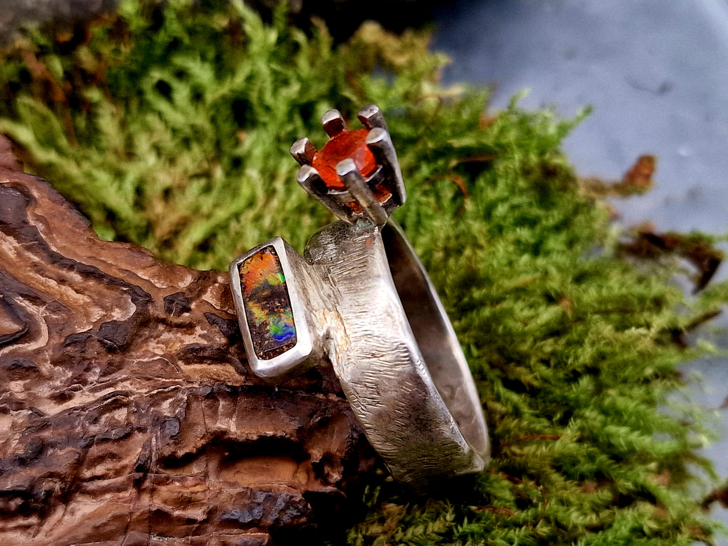 LeoLars-PABE Boulder und Feueropal Design Ring aus 925er Silber, Gr.57, geschmiedetes Design, Unikat, Handarbeit