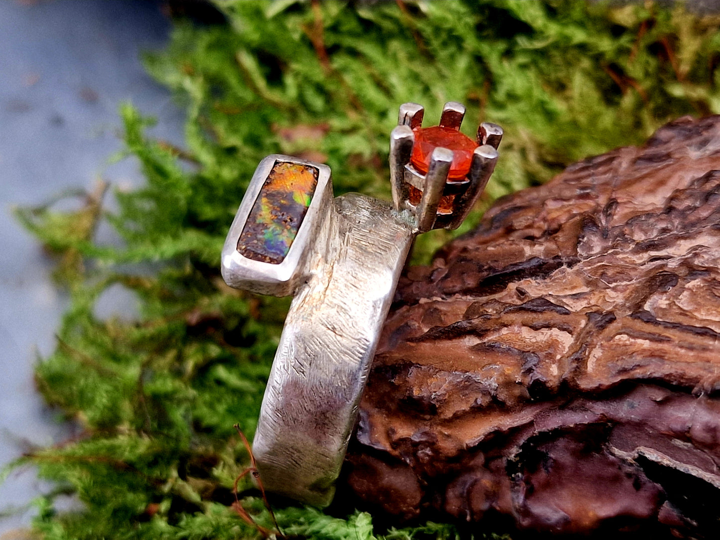 LeoLars-PABE Boulder und Feueropal Design Ring aus 925er Silber, Gr.57, geschmiedetes Design, Unikat, Handarbeit