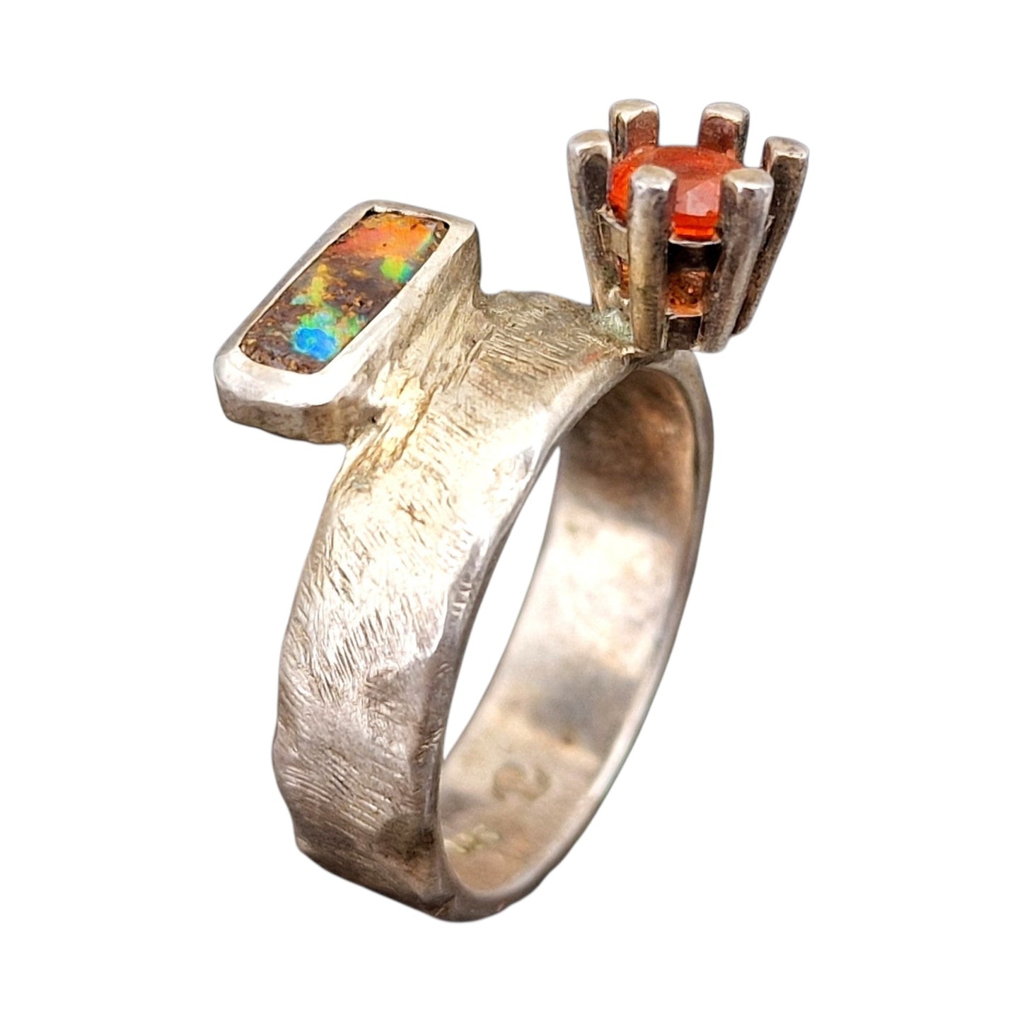 LeoLars-PABE Boulder und Feueropal Design Ring aus 925er Silber, Gr.57, geschmiedetes Design, Unikat, Handarbeit
