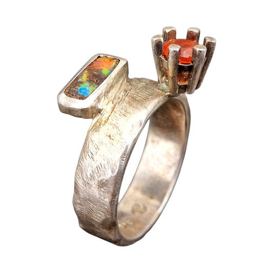 LeoLars-PABE Boulder und Feueropal Design Ring aus 925er Silber, Gr.57, geschmiedetes Design, Unikat, Handarbeit