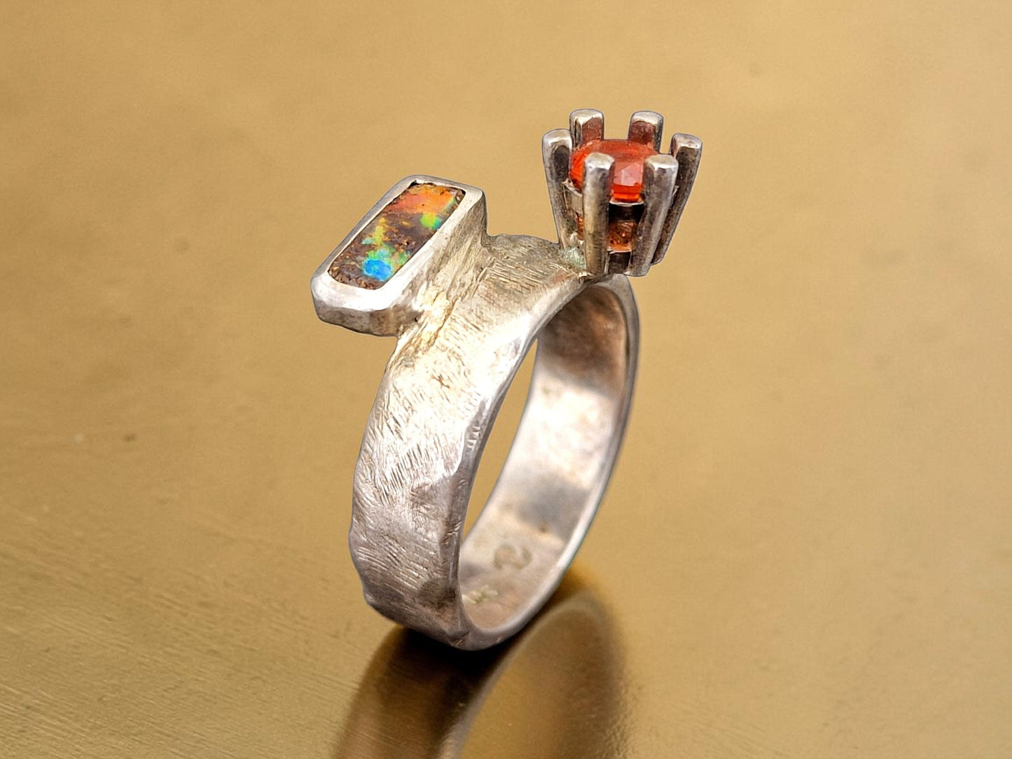 LeoLars-PABE Boulder und Feueropal Design Ring aus 925er Silber, Gr.57, geschmiedetes Design, Unikat, Handarbeit
