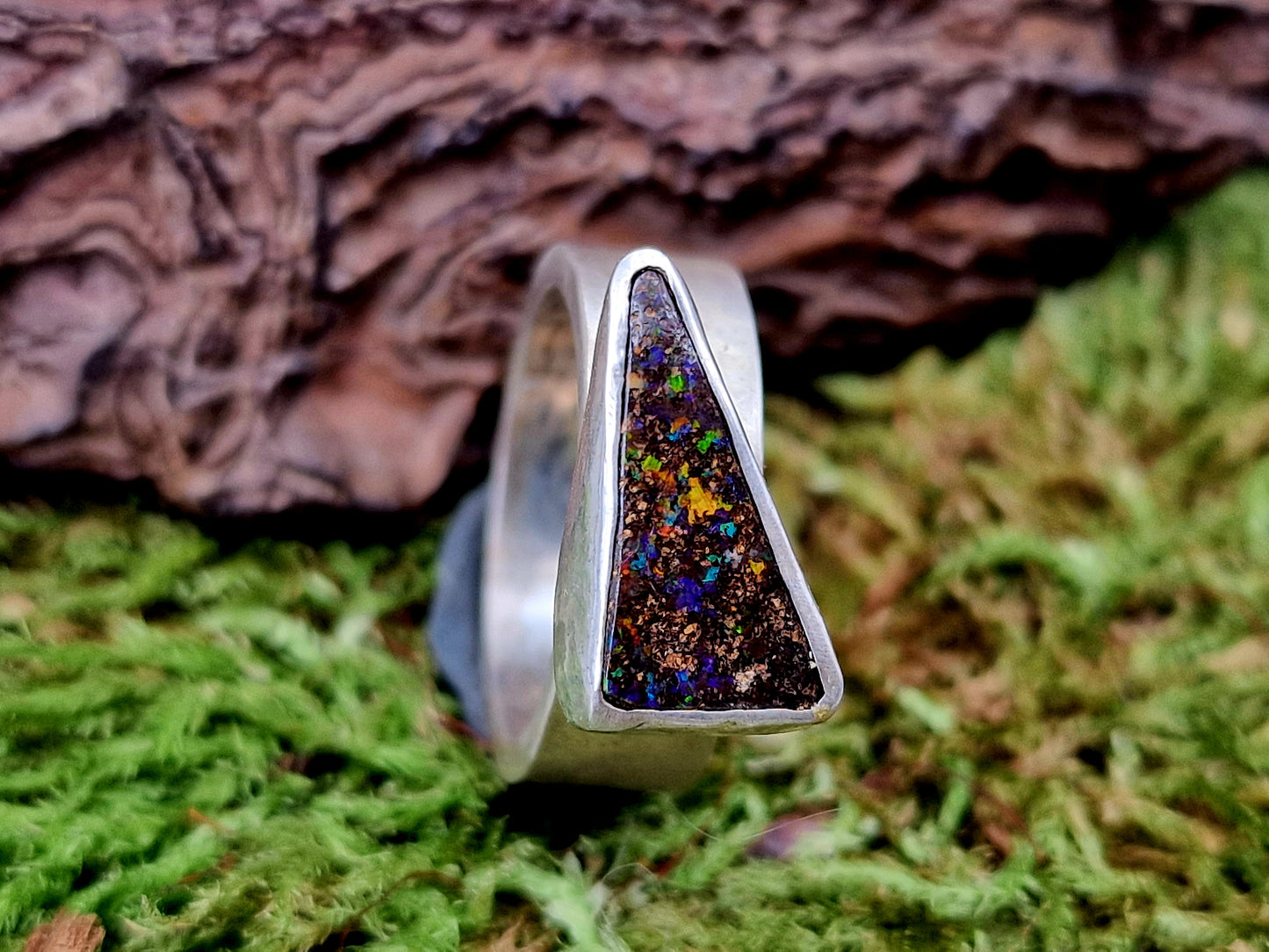LeoLars-PABE Boulder Opal Ring aus 925er Silber, Gr.52, Massiv, Seidenmatt, Opal 14.5x8mm, Unikat, Handarbeit