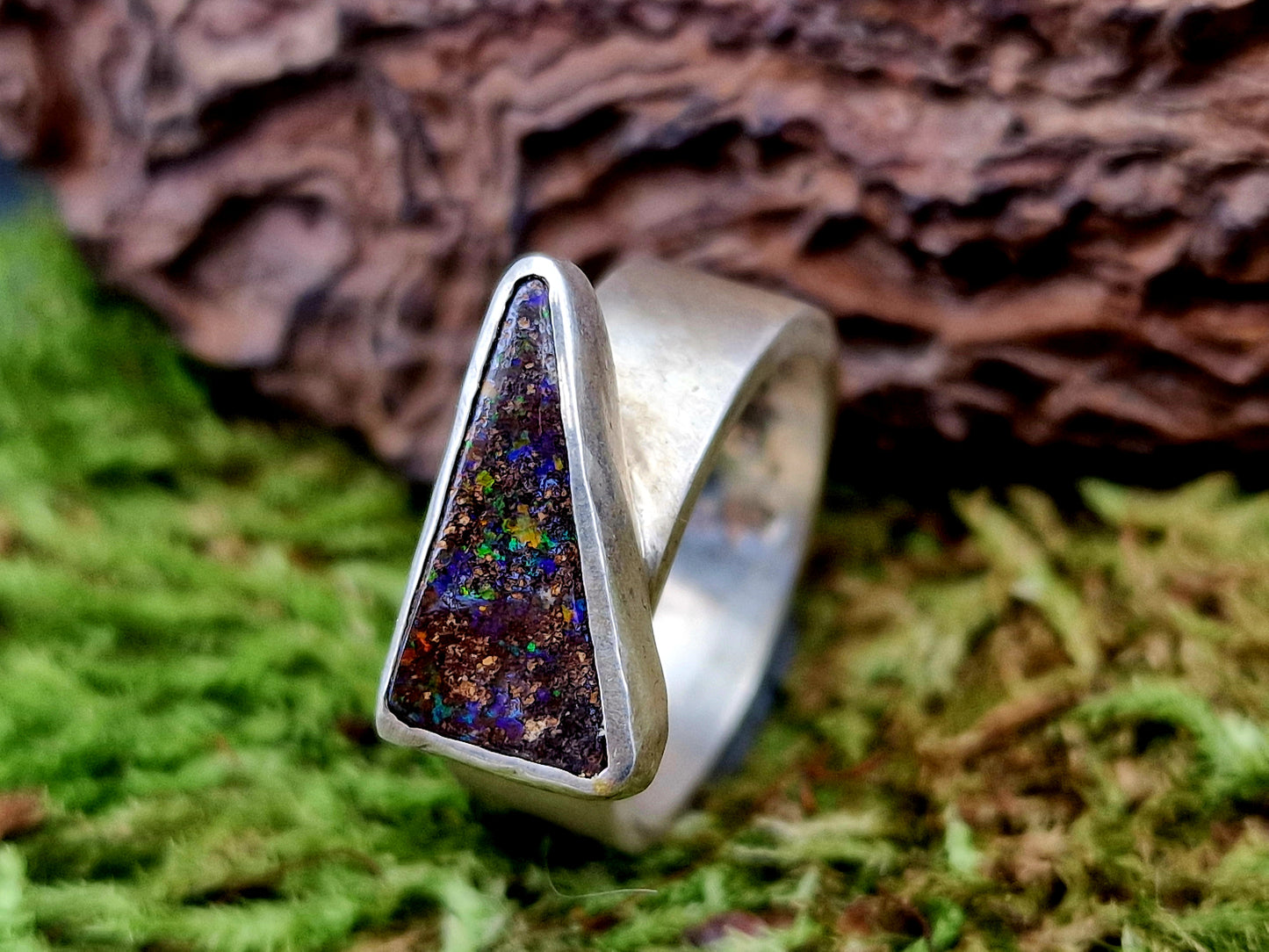 LeoLars-PABE Boulder Opal Ring aus 925er Silber, Gr.52, Massiv, Seidenmatt, Opal 14.5x8mm, Unikat, Handarbeit