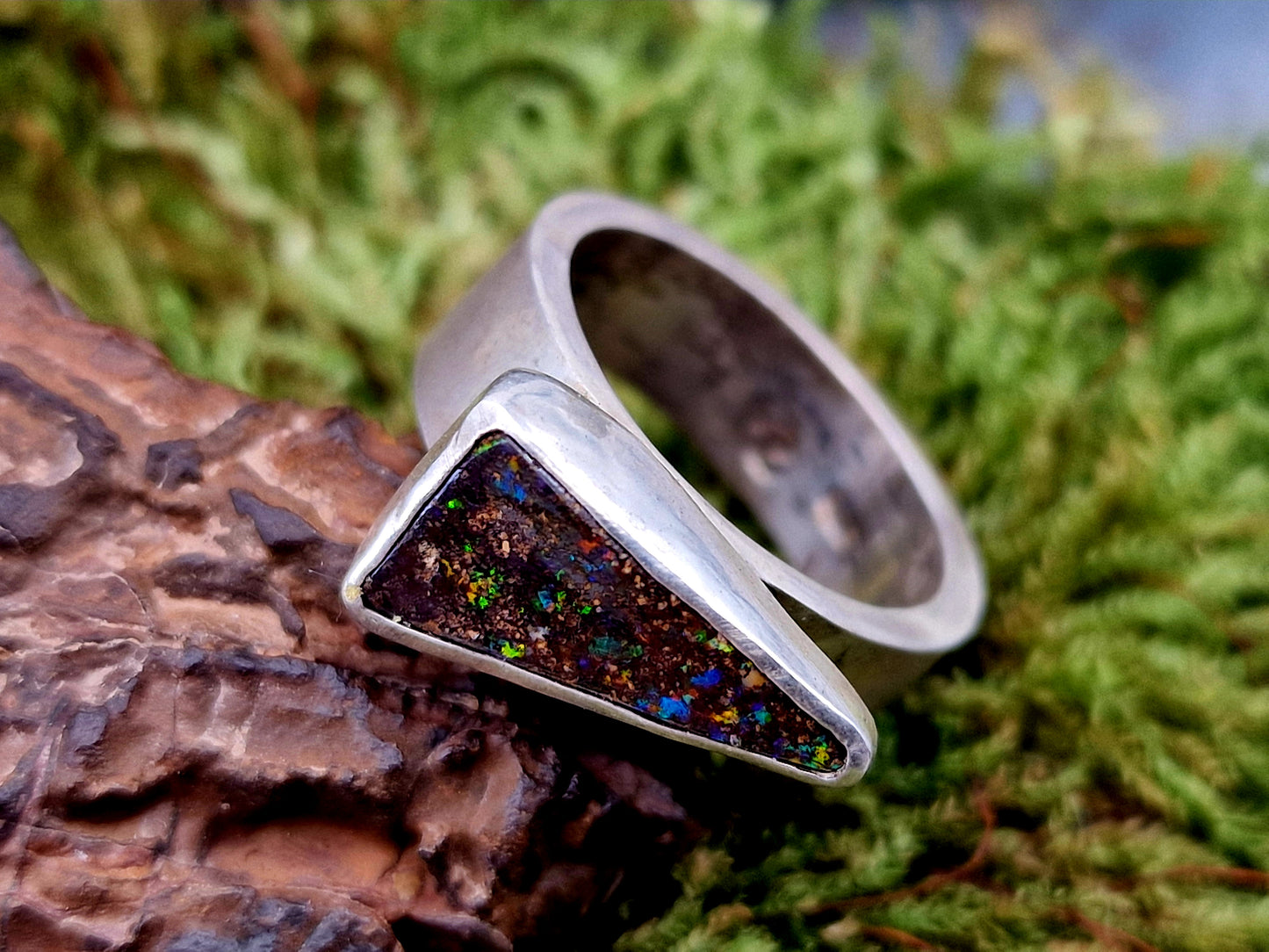 LeoLars-PABE Boulder Opal Ring aus 925er Silber, Gr.52, Massiv, Seidenmatt, Opal 14.5x8mm, Unikat, Handarbeit