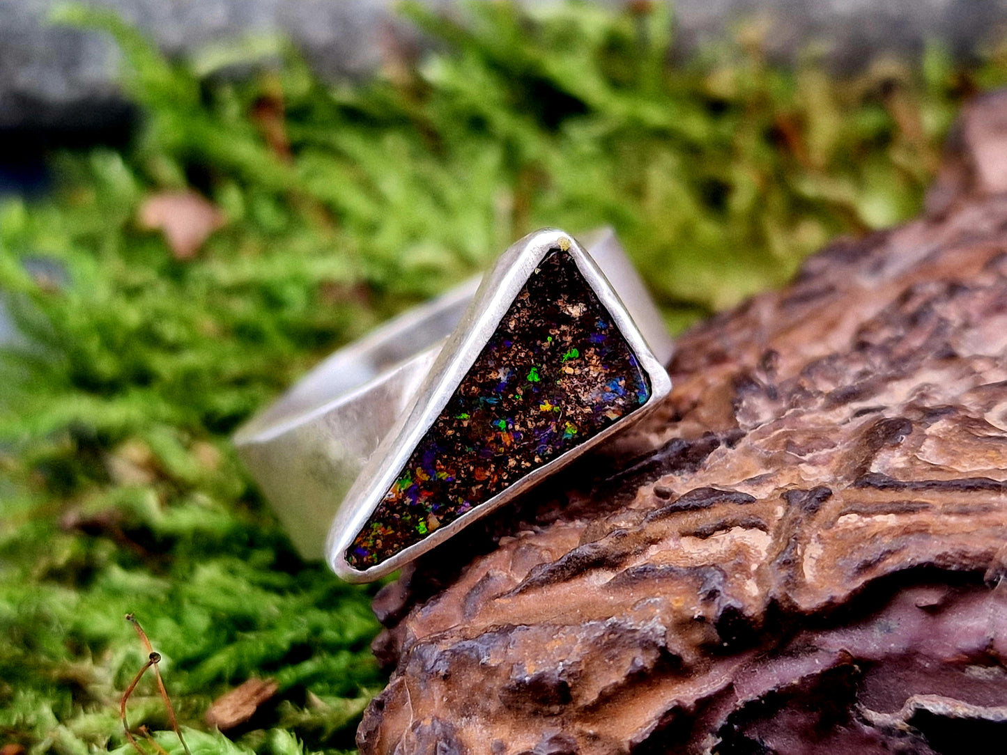 LeoLars-PABE Boulder Opal Ring aus 925er Silber, Gr.52, Massiv, Seidenmatt, Opal 14.5x8mm, Unikat, Handarbeit