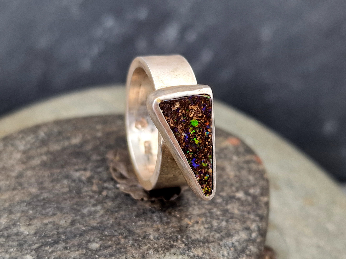 LeoLars-PABE Boulder Opal Ring aus 925er Silber, Gr.52, Massiv, Seidenmatt, Opal 14.5x8mm, Unikat, Handarbeit