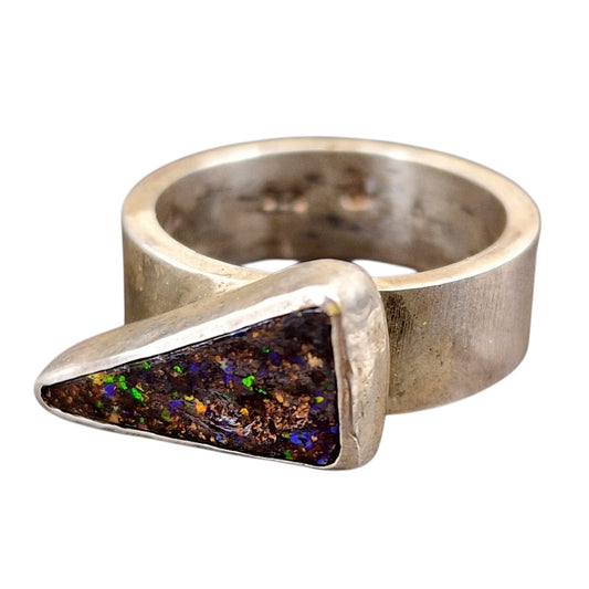 LeoLars-PABE Boulder Opal Ring aus 925er Silber, Gr.52, Massiv, Seidenmatt, Opal 14.5x8mm, Unikat, Handarbeit