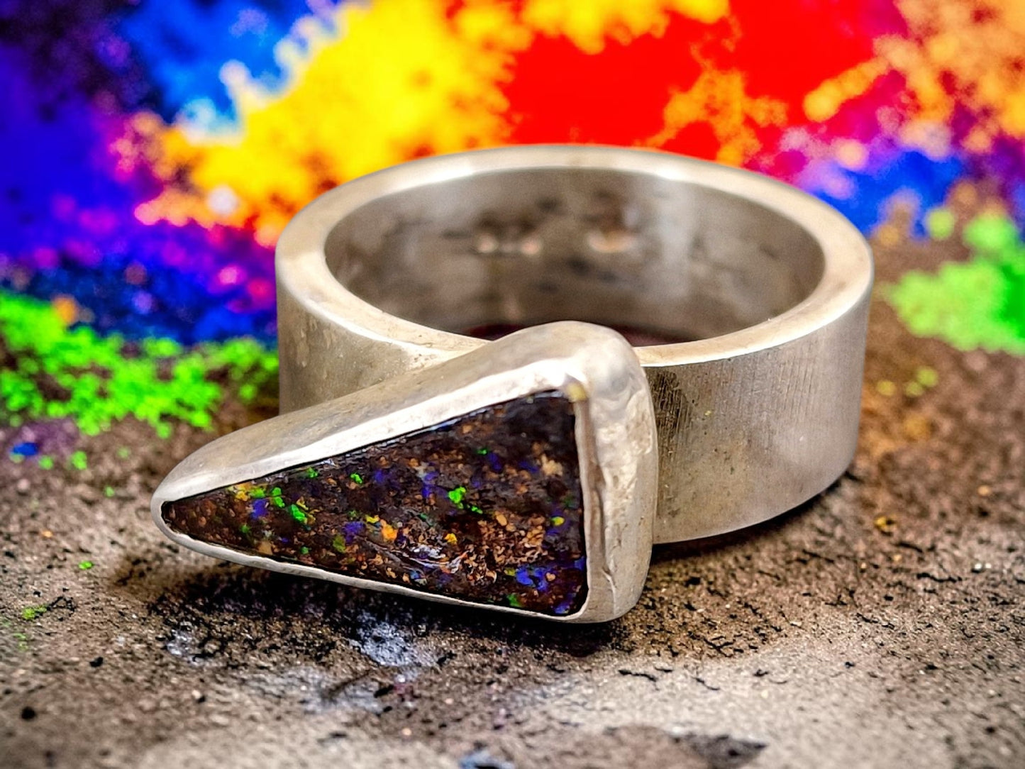 LeoLars-PABE Boulder Opal Ring aus 925er Silber, Gr.52, Massiv, Seidenmatt, Opal 14.5x8mm, Unikat, Handarbeit