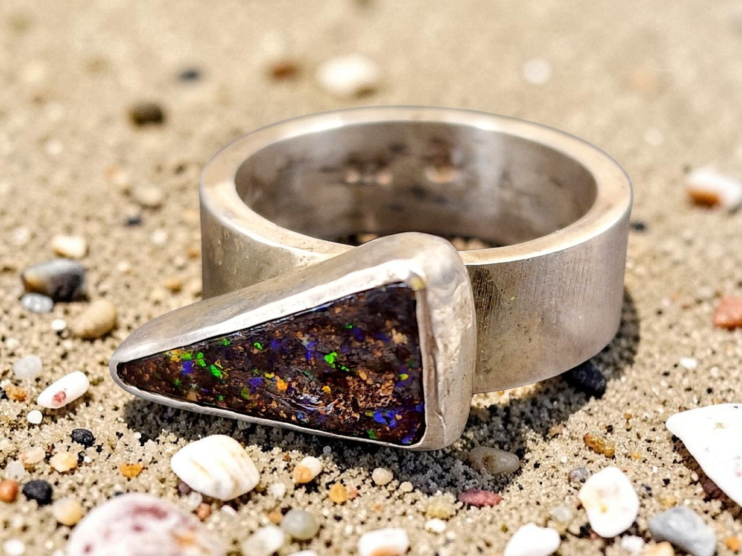 LeoLars-PABE Boulder Opal Ring aus 925er Silber, Gr.52, Massiv, Seidenmatt, Opal 14.5x8mm, Unikat, Handarbeit