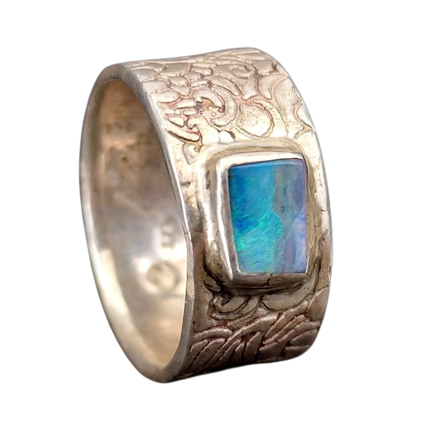 LeoLars-PABE Boulder Opal Ring, Gr.58, aus 925er Silber im Structure Design, Opal 8x6mm, Unikat, Handarbeit