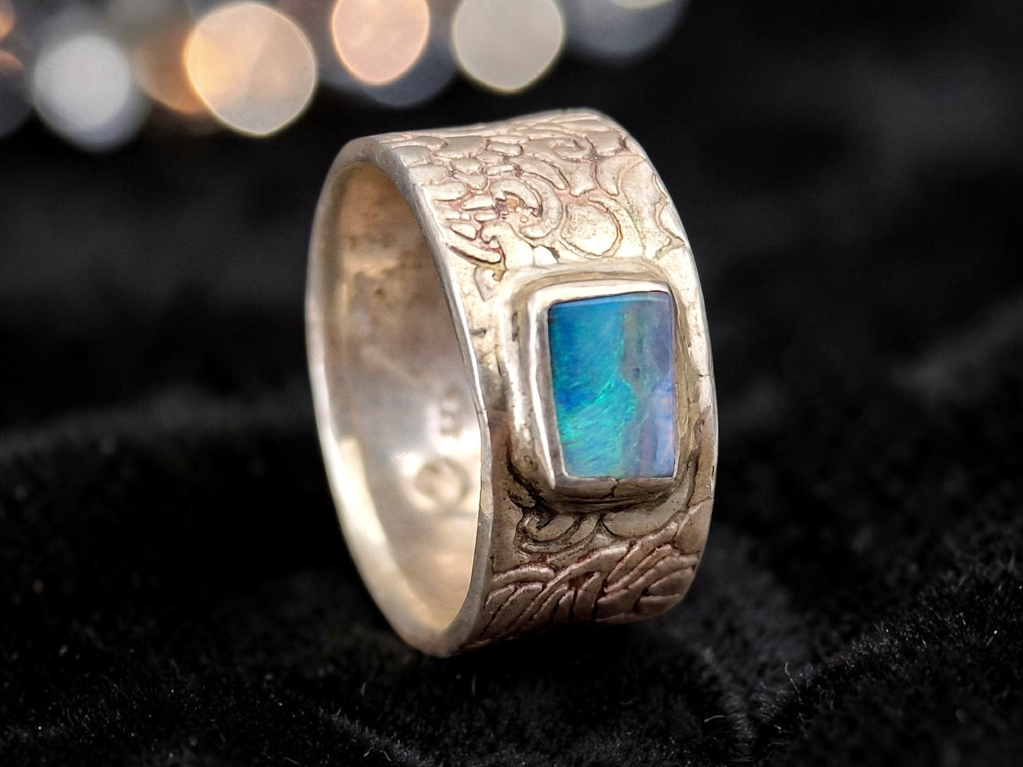 LeoLars-PABE Boulder Opal Ring, Gr.58, aus 925er Silber im Structure Design, Opal 8x6mm, Unikat, Handarbeit