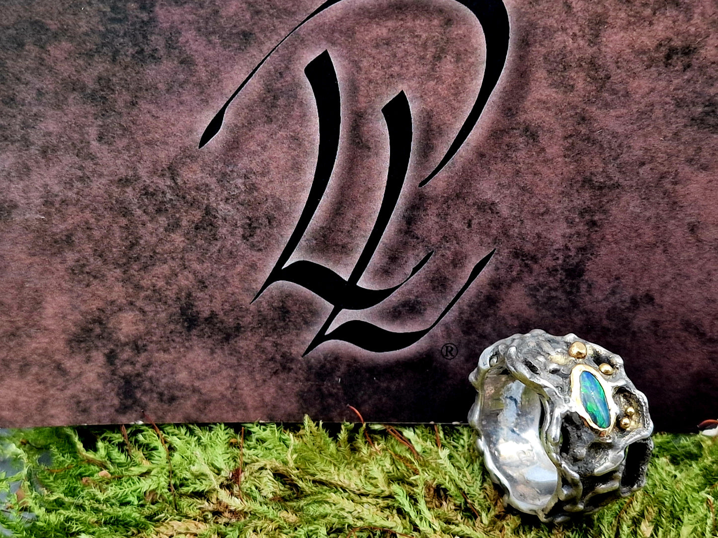 LeoLars-PABE Lightning Ridge Opal Design Ring, Gr.58 (18,5), aus 925er Silber mit 585er Gold Elementen, Roh, Stylisch, Anders, Individuell, Unikat, Handarbeit