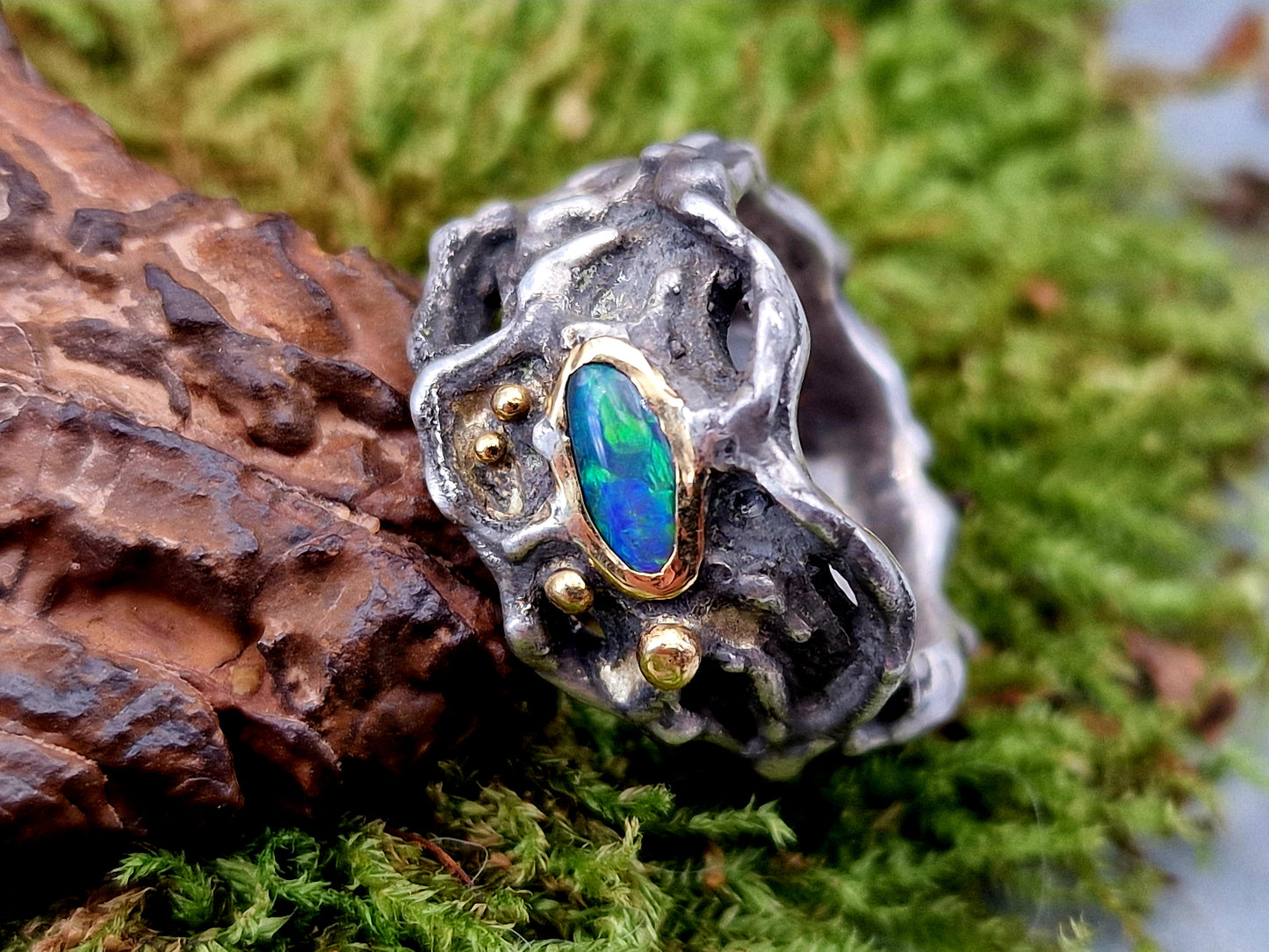 LeoLars-PABE Lightning Ridge Opal Design Ring, Gr.58 (18,5), aus 925er Silber mit 585er Gold Elementen, Roh, Stylisch, Anders, Individuell, Unikat, Handarbeit