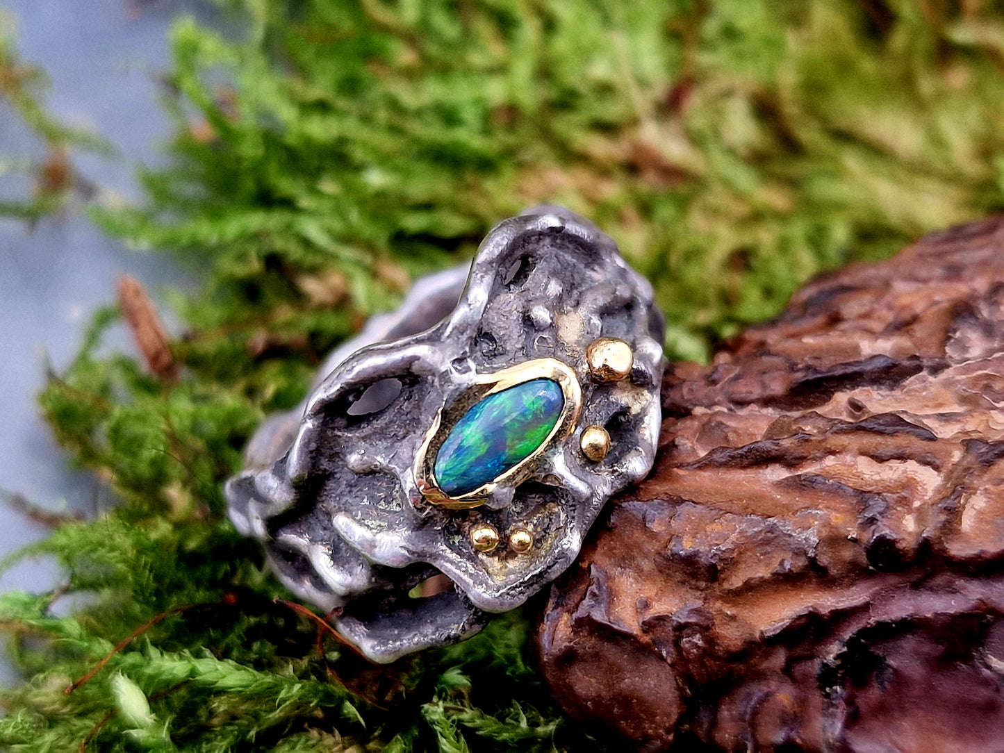 LeoLars-PABE Lightning Ridge Opal Design Ring, Gr.58 (18,5), aus 925er Silber mit 585er Gold Elementen, Roh, Stylisch, Anders, Individuell, Unikat, Handarbeit