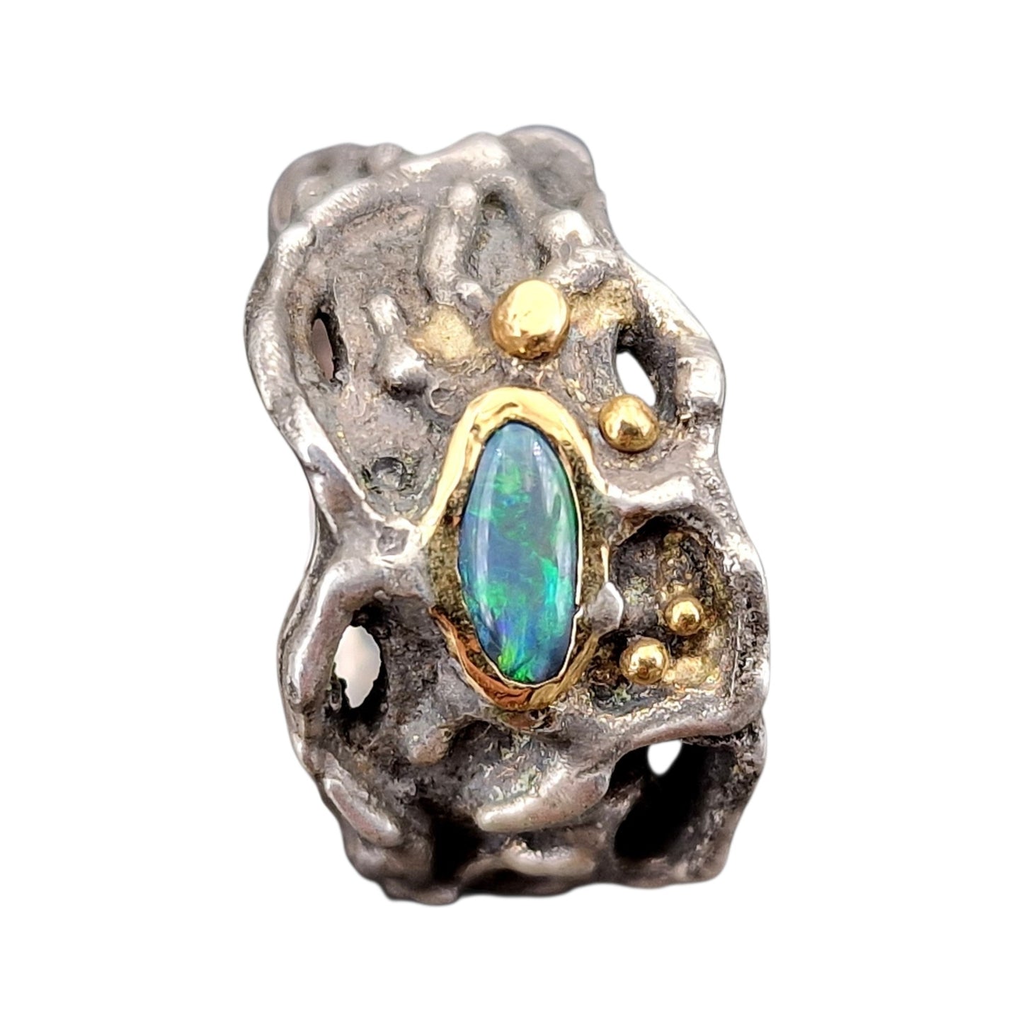 LeoLars-PABE Lightning Ridge Opal Design Ring, Gr.58 (18,5), aus 925er Silber mit 585er Gold Elementen, Roh, Stylisch, Anders, Individuell, Unikat, Handarbeit