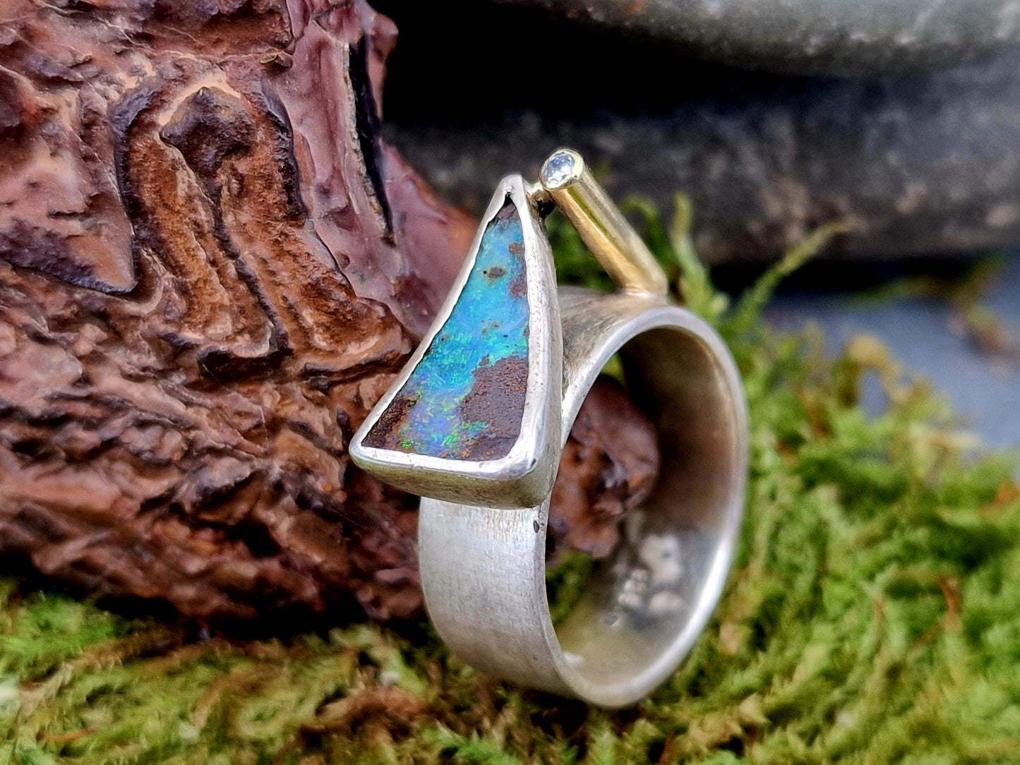 LeoLars-PABE Boulder Opal Design Ring, Gr.58 (18.7), aus 925er Silber mit Brilliant in 585er Kanal Fassung, Unikat, Handarbeit