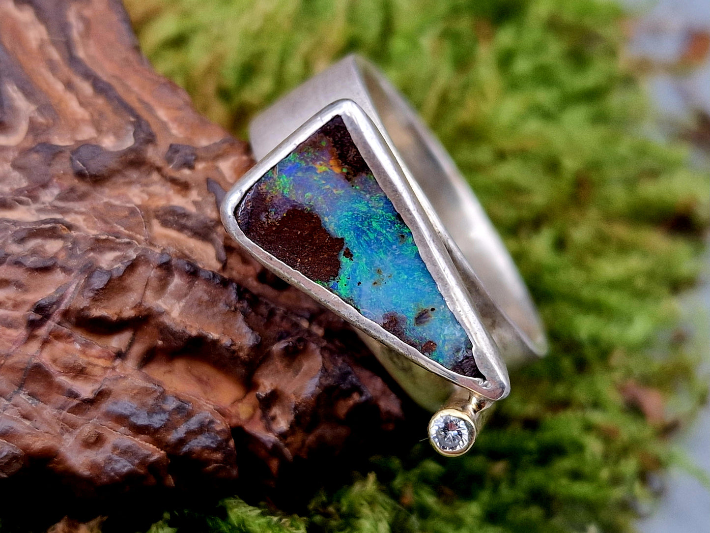 LeoLars-PABE Boulder Opal Design Ring, Gr.58 (18.7), aus 925er Silber mit Brilliant in 585er Kanal Fassung, Unikat, Handarbeit