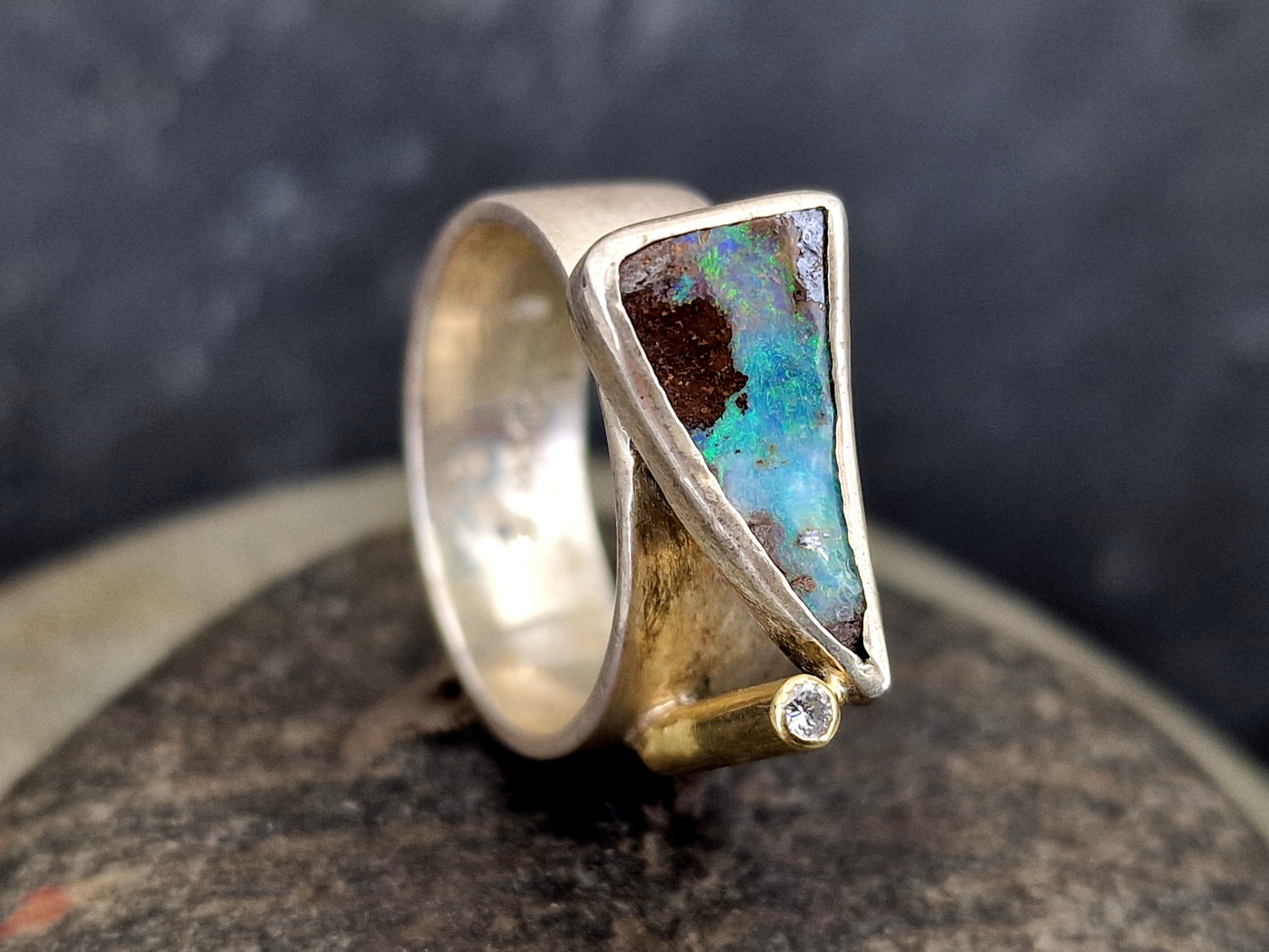 LeoLars-PABE Boulder Opal Design Ring, Gr.58 (18.7), aus 925er Silber mit Brilliant in 585er Kanal Fassung, Unikat, Handarbeit