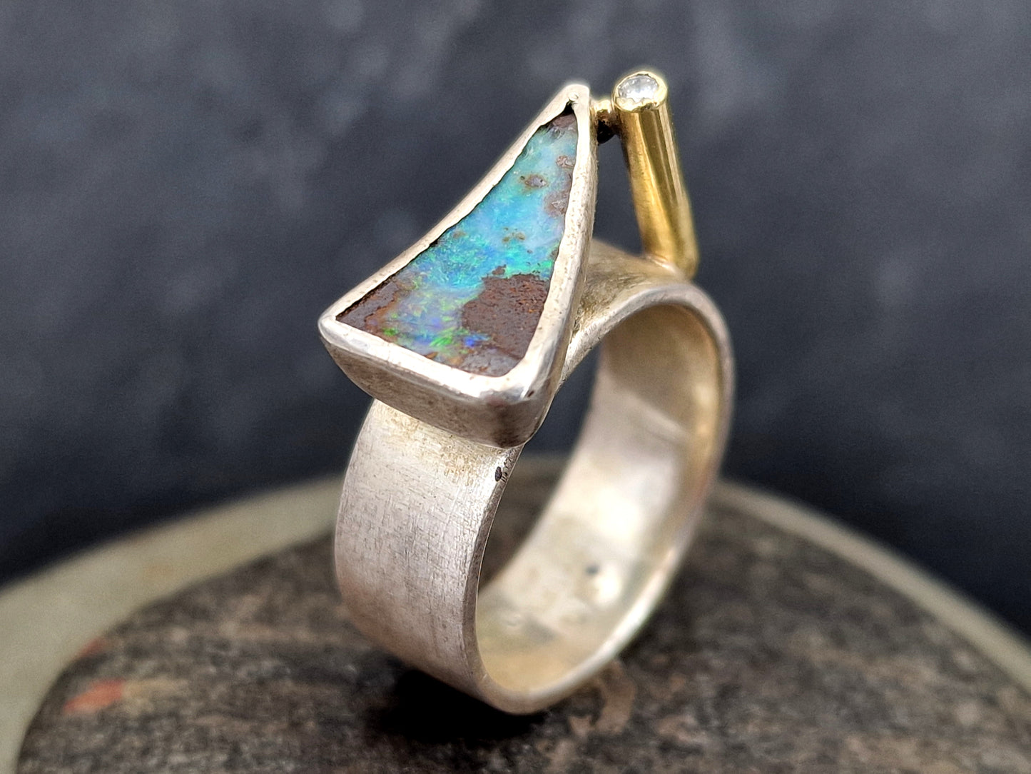 LeoLars-PABE Boulder Opal Design Ring, Gr.58 (18.7), aus 925er Silber mit Brilliant in 585er Kanal Fassung, Unikat, Handarbeit