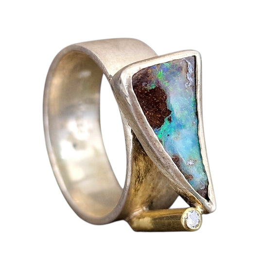 LeoLars-PABE Boulder Opal Design Ring, Gr.58 (18.7), aus 925er Silber mit Brilliant in 585er Kanal Fassung, Unikat, Handarbeit