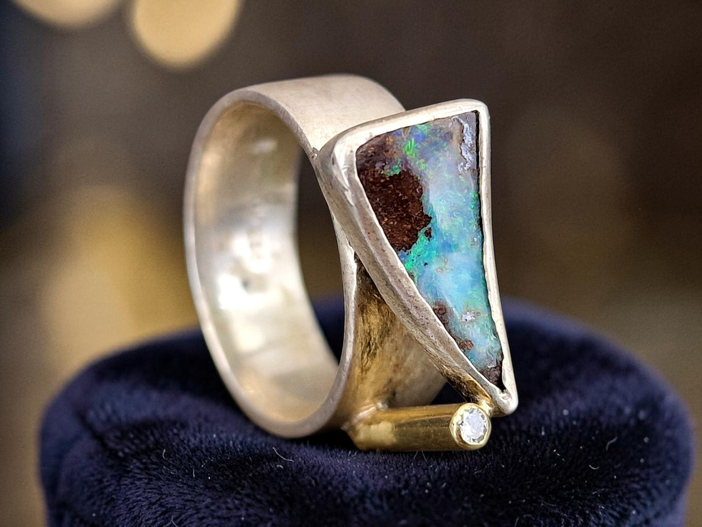 LeoLars-PABE Boulder Opal Design Ring, Gr.58 (18.7), aus 925er Silber mit Brilliant in 585er Kanal Fassung, Unikat, Handarbeit