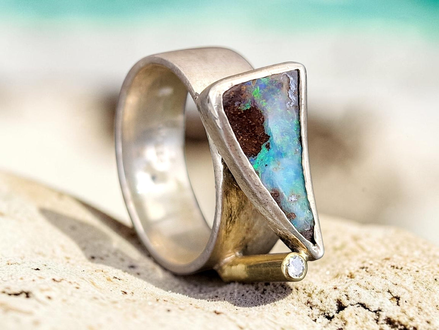 LeoLars-PABE Boulder Opal Design Ring, Gr.58 (18.7), aus 925er Silber mit Brilliant in 585er Kanal Fassung, Unikat, Handarbeit