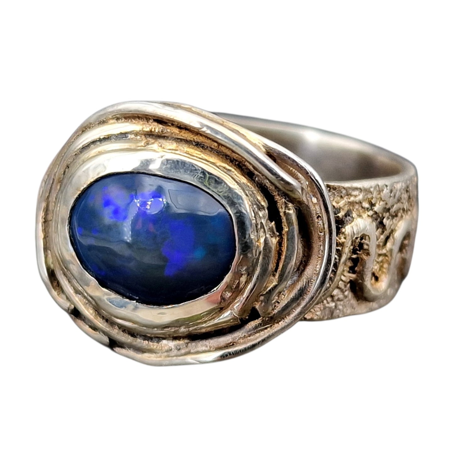 Lightning Ridge Semi Chrystal Opal Design Ring, Gr.64 (20,5) aus 925er Silber, teileloxiert, Opalfeuer in blau lila mit etwas grün, Unisex, Unikat, Handarbeit