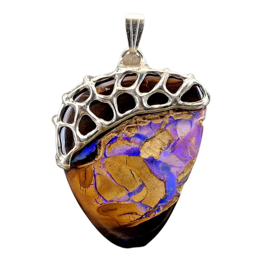Design Anhänger mit Boulder Opal aus 925er Silber, Netz- Gitter Struktur, Opaladern mit blau-lila Opalfeuer, beidseitig, Unisex, Unikat, Handarbeit