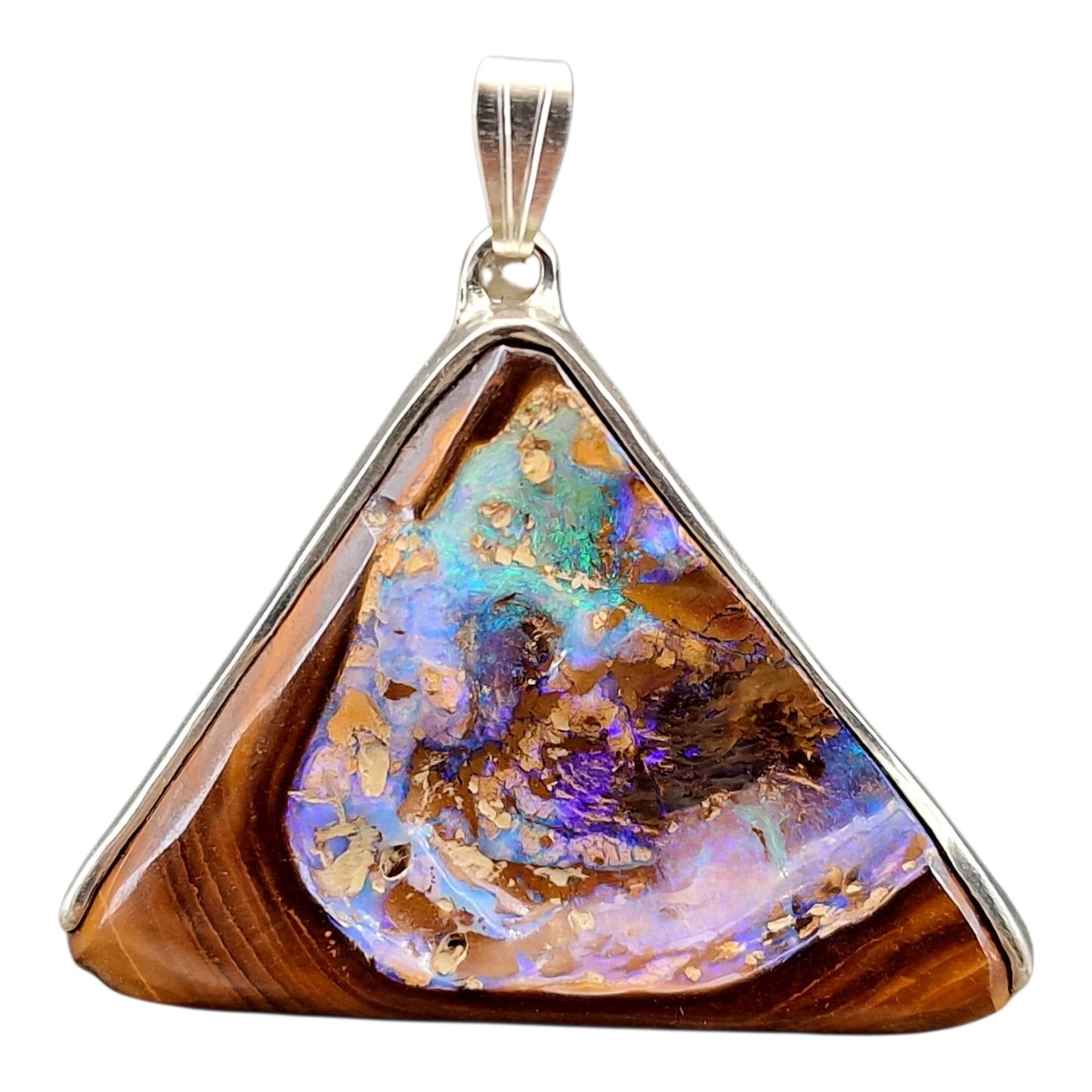 Boulder Opal Design Anhänger aus 925er Silber, Opalnuss mit freigelegter Opalschicht, Opalfeuer in grün-blau und lila, brilliante Farben, Unisex, Unikat, Handarbeit