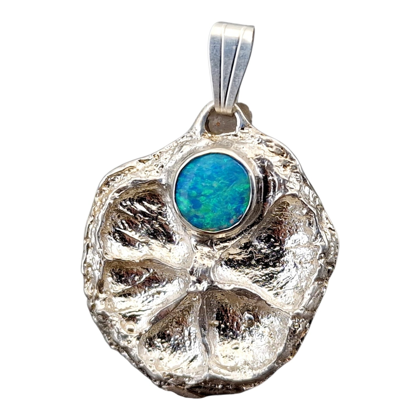 Lightning Ridge Opal Design Anhänger aus 925er Silber, echte abgeformte getrocknete Mini Zitronenscheibe, Opalfeuer in grün und blau, Unikat, Handarbeit