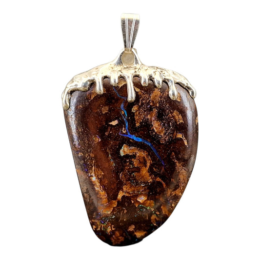 Beidseitiger Boulder Opal Design Anhänger aus 925er Silber, beliebtes flüssiges Tropfen Design, partielles Opalfeuer in grün und blau, schönes Muster, Unisex, Unikat, Handarbeit