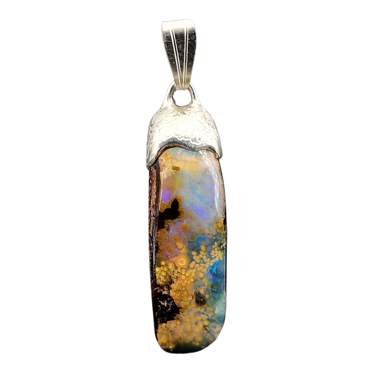 Außergewöhnlicher Boulder Opal Anhänger aus 925er Silber, strukturiert mit tollem Muster und gemeiner Opalschicht, partielles Opalfeuer in grün und blau, Unisex, Unikat, Handarbeit