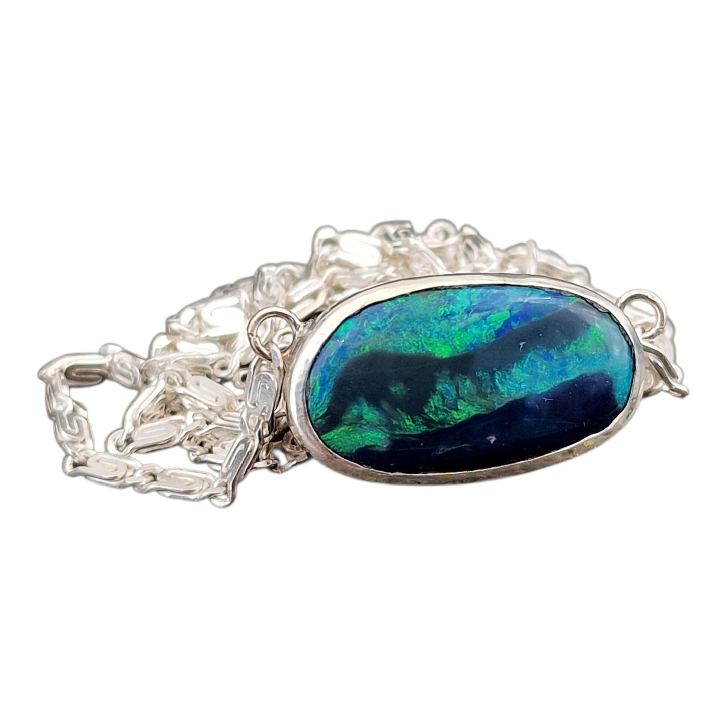 Wunderschöner schwarzer Opal aus Lightning Ridge als Anhänger aus 925er Silber, Picture Stone mit grün - blauem Opalfeuer, mit 45cm langer Silberkette, Unikat, Handarbeit
