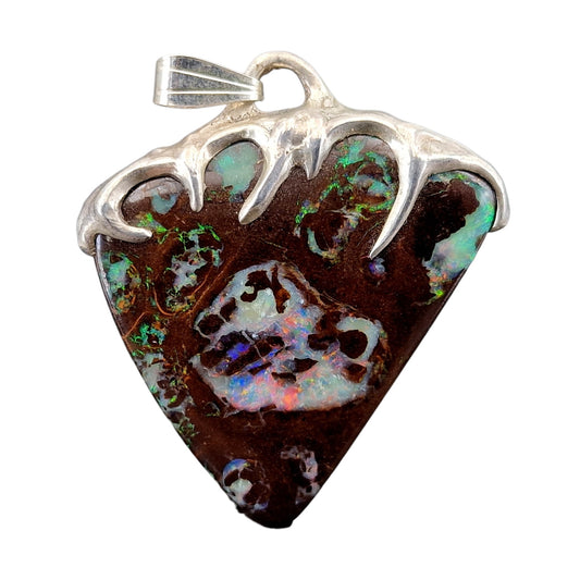 LeoLars-PABE Tribal Design Boulder Opal Anhänger aus 925er Silber, Opal beidseitig, schönes Muster, mehrfarbiges Opalfeuer, Unikat, Handarbeit, Anhängermaße: 34,5mm x 31,7mm x 7mm