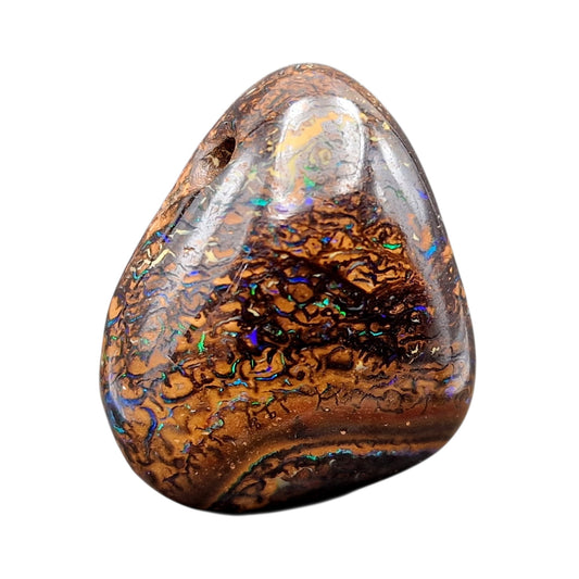 gebohrter Boulder Opal Anhänger mt 60cm Lederband, Opal - mit herrlichem Muster und Opalfeuer in grün und blau als Pinfire und aus kleinen Opaladern, 22,5 x 20,2 x 9,7mm, Unikat, Handgeschliffen
