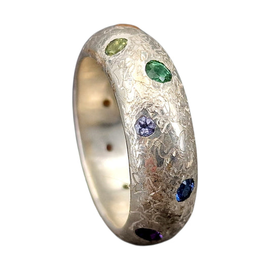 LeoLars-PABE Rainbow Universe Ring aus 925er Silber, Gr.61 (19,5), mit verschiedensten echten Edelsteinen, eismattiert, Unikat, Handarbeit
