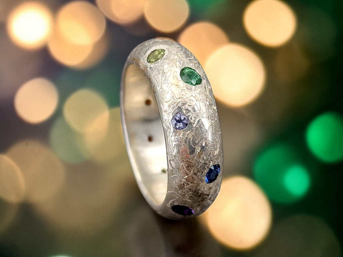 LeoLars-PABE Rainbow Universe Ring aus 925er Silber, Gr.61 (19,5), mit verschiedensten echten Edelsteinen, eismattiert, Unikat, Handarbeit