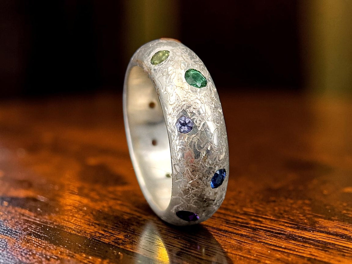 LeoLars-PABE Rainbow Universe Ring aus 925er Silber, Gr.61 (19,5), mit verschiedensten echten Edelsteinen, eismattiert, Unikat, Handarbeit