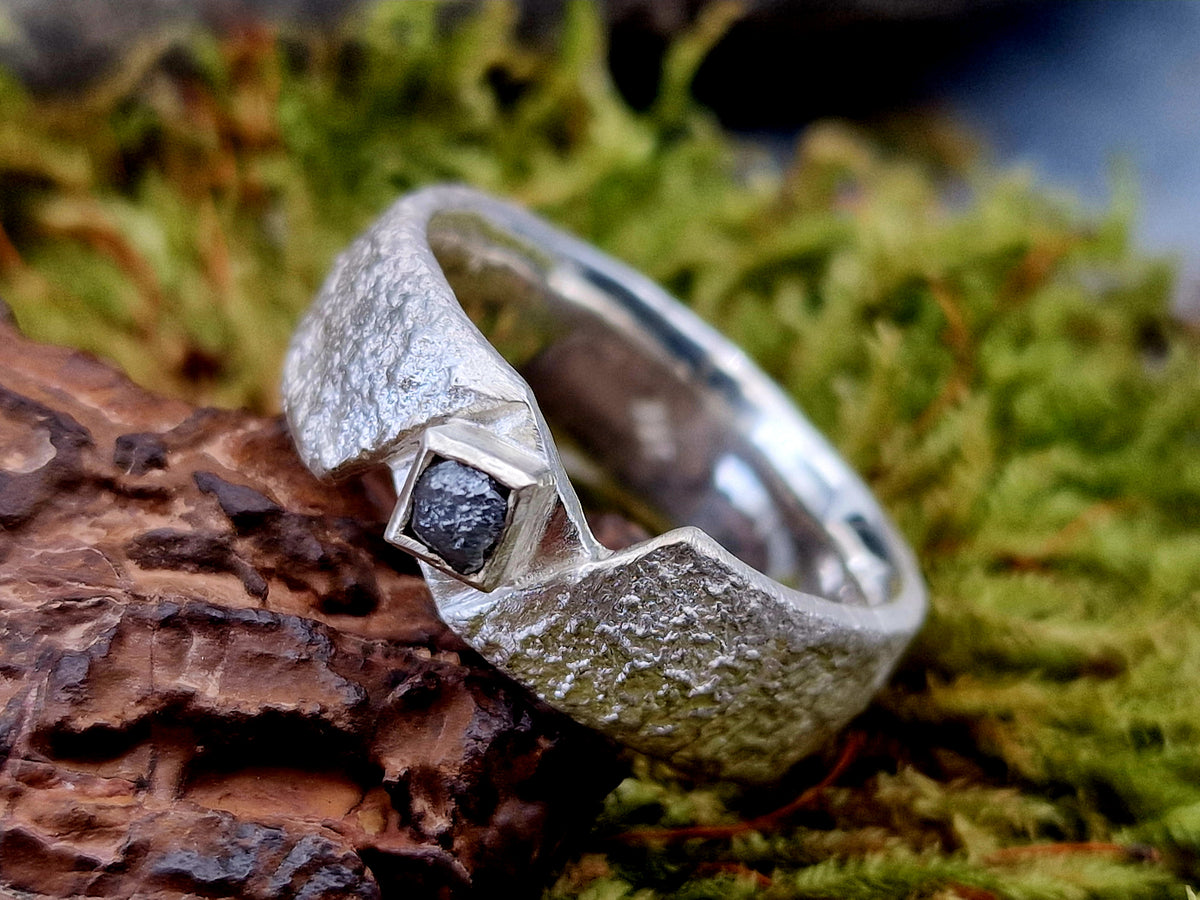 LeoLars-PABE Rohdiamant Würfel Design Ring aus 925er Silber, Größe 62-63 (19,8), angeschmolzene Oberflächen Struktur, Unikat, Handarbeit