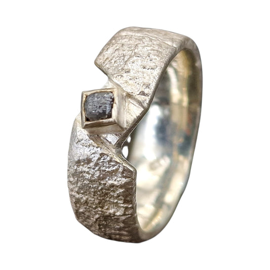 LeoLars-PABE Rohdiamant Würfel Design Ring aus 925er Silber, Größe 62-63 (19,8), angeschmolzene Oberflächen Struktur, Unikat, Handarbeit