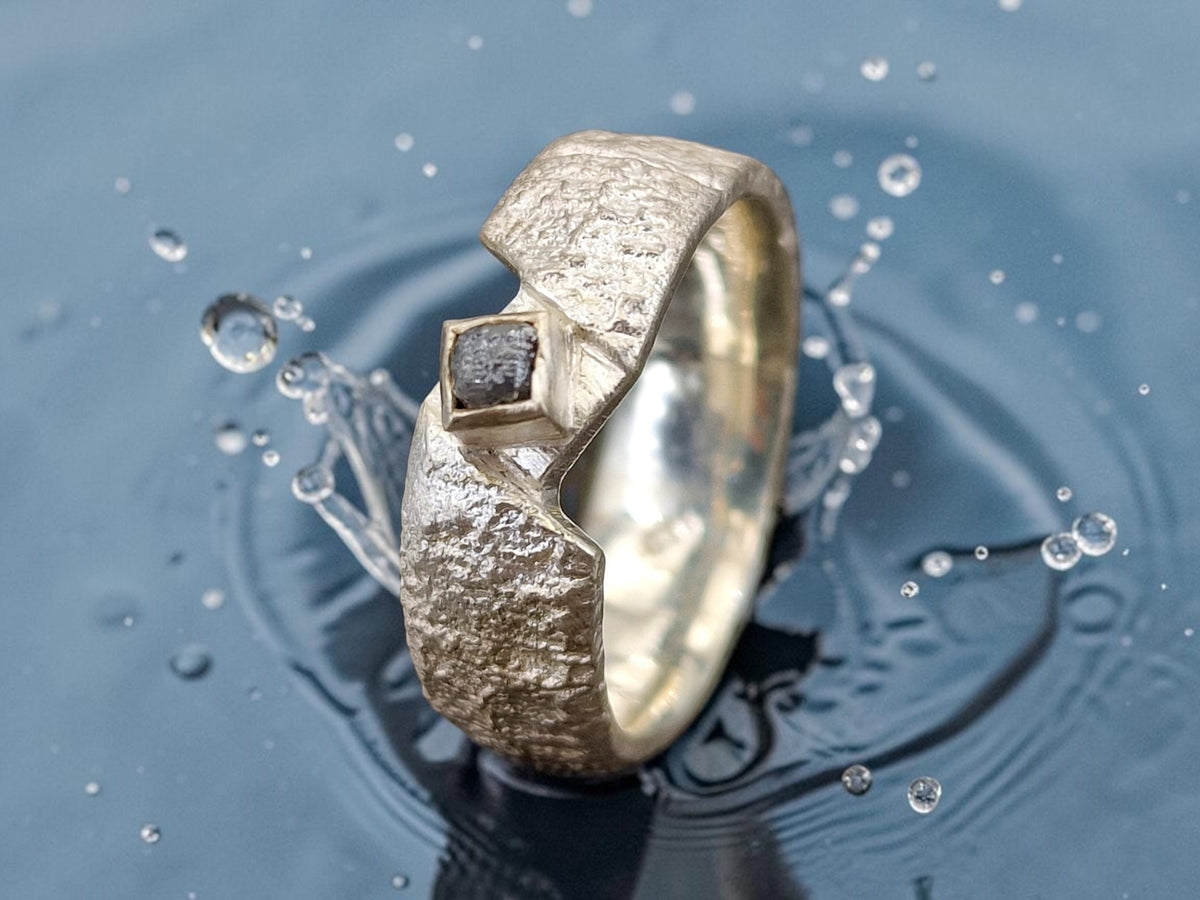LeoLars-PABE Rohdiamant Würfel Design Ring aus 925er Silber, Größe 62-63 (19,8), angeschmolzene Oberflächen Struktur, Unikat, Handarbeit