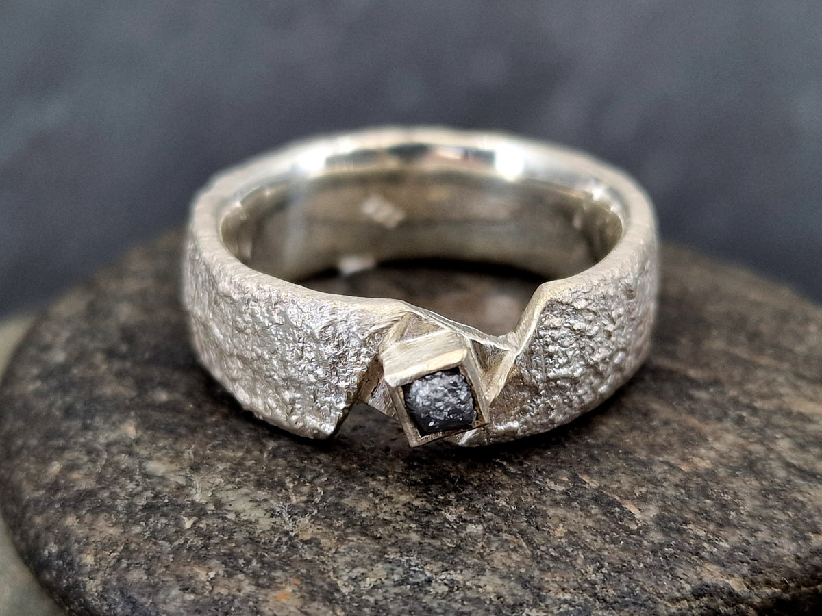 LeoLars-PABE Rohdiamant Würfel Design Ring aus 925er Silber, Größe 62-63 (19,8), angeschmolzene Oberflächen Struktur, Unikat, Handarbeit