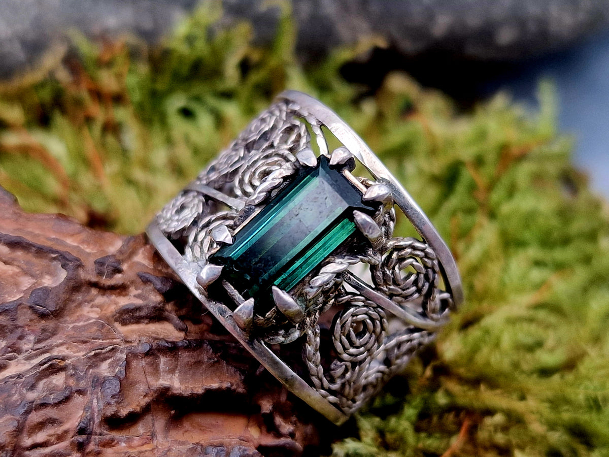 LeoLars-PABE Indigolith Design Filigree Ring, Gr. 57-58, aus 925er Silber, verspielt, leicht, dunkelblau, Unikat, Handarbeit
