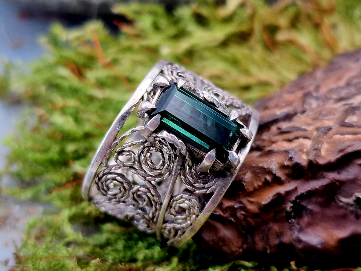 LeoLars-PABE Indigolith Design Filigree Ring, Gr. 57-58, aus 925er Silber, verspielt, leicht, dunkelblau, Unikat, Handarbeit