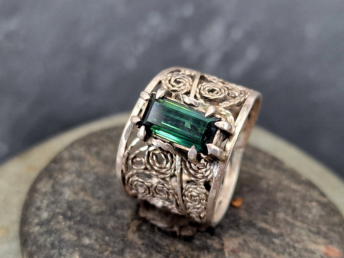 LeoLars-PABE Indigolith Design Filigree Ring, Gr. 57-58, aus 925er Silber, verspielt, leicht, dunkelblau, Unikat, Handarbeit